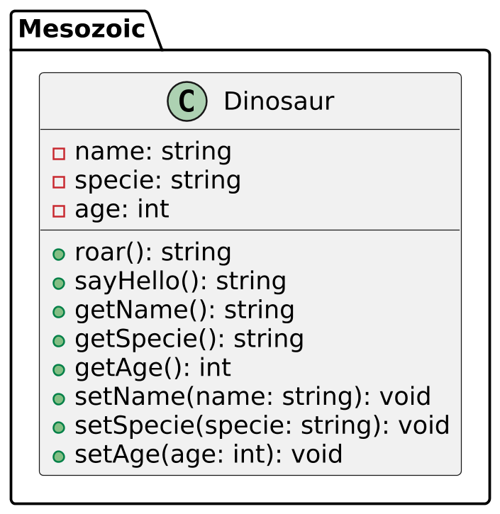 @startuml dinosaur_package
scale 2.5
skinparam backgroundcolor transparent
skinparam defaultFontName Hack
package Mesozoic {
class Dinosaur {
-name: string
-specie: string
-age: int
+roar(): string
+sayHello(): string
+getName(): string
+getSpecie(): string
+getAge(): int
+setName(name: string): void
+setSpecie(specie: string): void
+setAge(age: int): void
}
}
@enduml